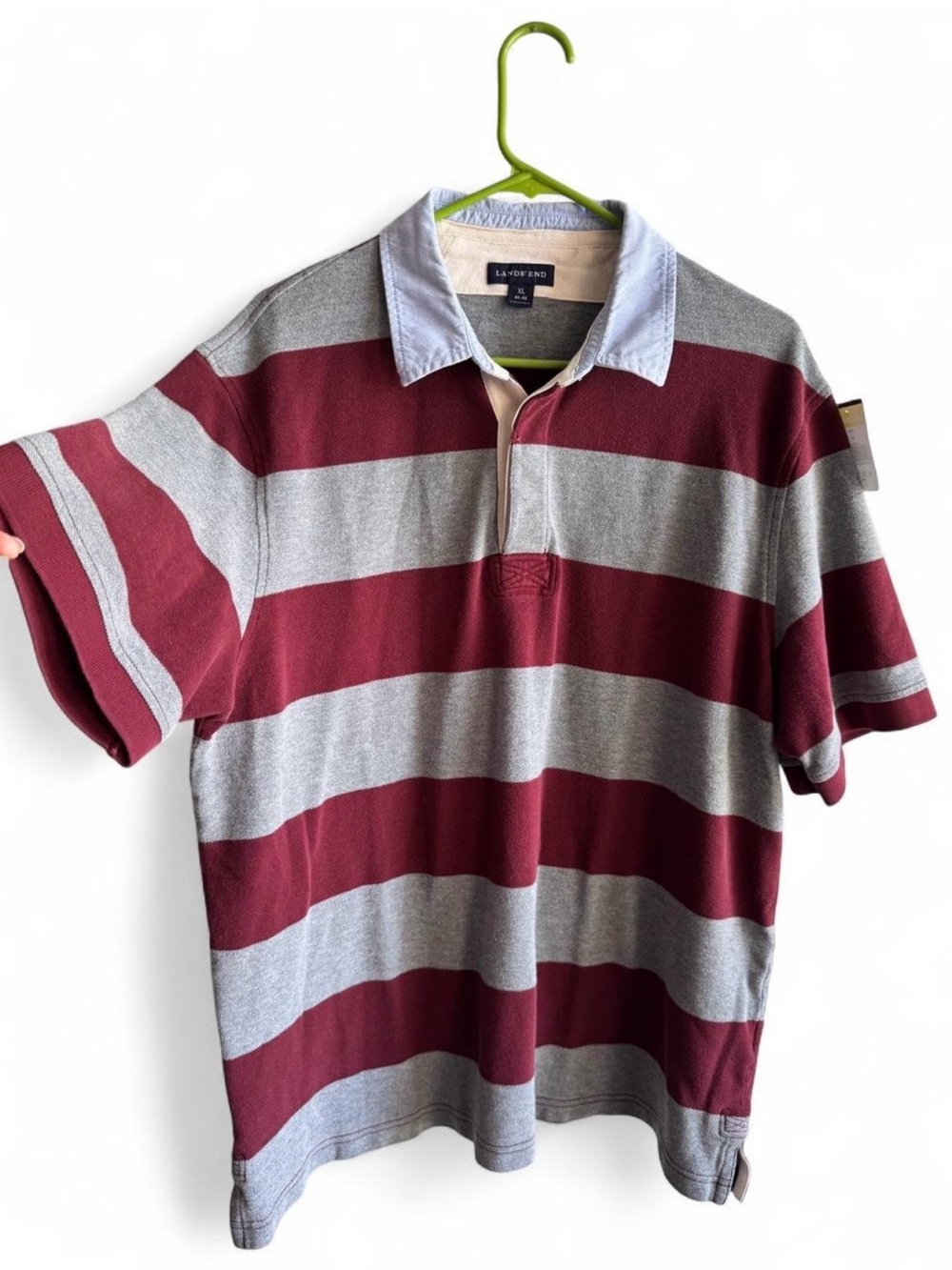 Lands' End Men's Wide Stripe Rugby Polo - Burgundy & Gray